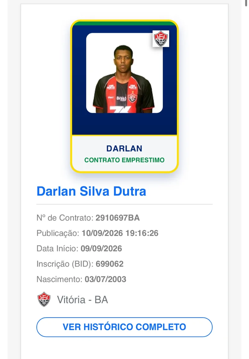 Vitória anuncia zagueiro Darlan Dutra por empréstimo até 2026